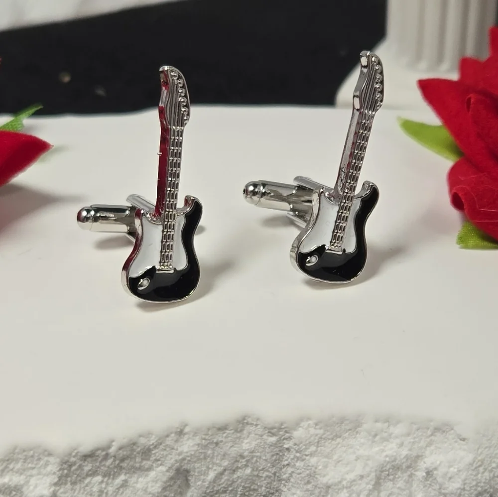 Guitar Cufflinks Silver Musician Tuxedo Prom Wedding Masculine Gift Professional